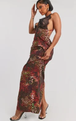 Shape Brown Printed Woven Lace Cup Detail Maxi Dress