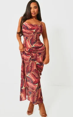 Shape Brown Printed Woven Cowl Neck Maxi Dress