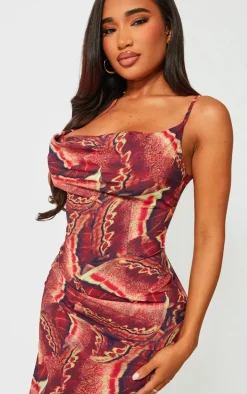 Shape Brown Printed Woven Cowl Neck Maxi Dress