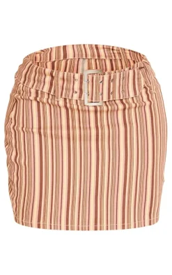 Shape Brown Retro Stripe Buckle Low Rise Micro Mini Skirt