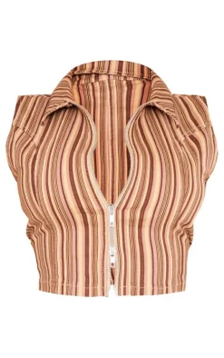 Shape Brown Retro Stripe Zip Detail Sleeveless Top