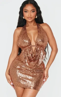 Shape Brown Sequin Cowl Halter Neck Top