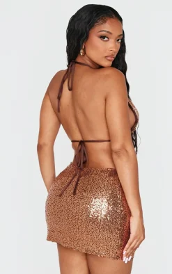 Shape Brown Sequin Cowl Halter Neck Top
