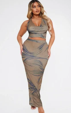 Shape Brown Sheer Mesh Printed Maxi Skirt