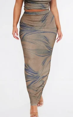 Shape Brown Sheer Mesh Printed Maxi Skirt