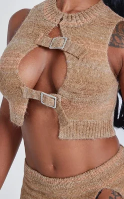 Shape Brown Stripe Knit Double Buckle Crop Top