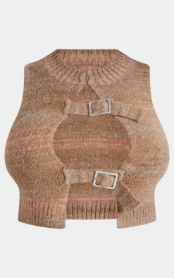 Shape Brown Stripe Knit Double Buckle Crop Top