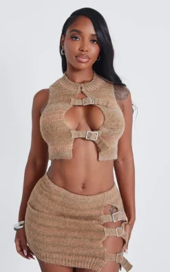 Shape Brown Stripe Knit Double Buckle Mini Skirt