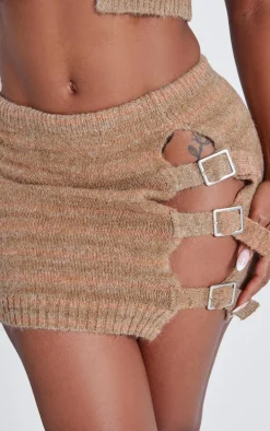 Shape Brown Stripe Knit Double Buckle Mini Skirt
