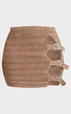 Shape Brown Stripe Knit Double Buckle Mini Skirt