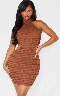 Shape Brown Textured High Neck Backless Bodycon Dress
