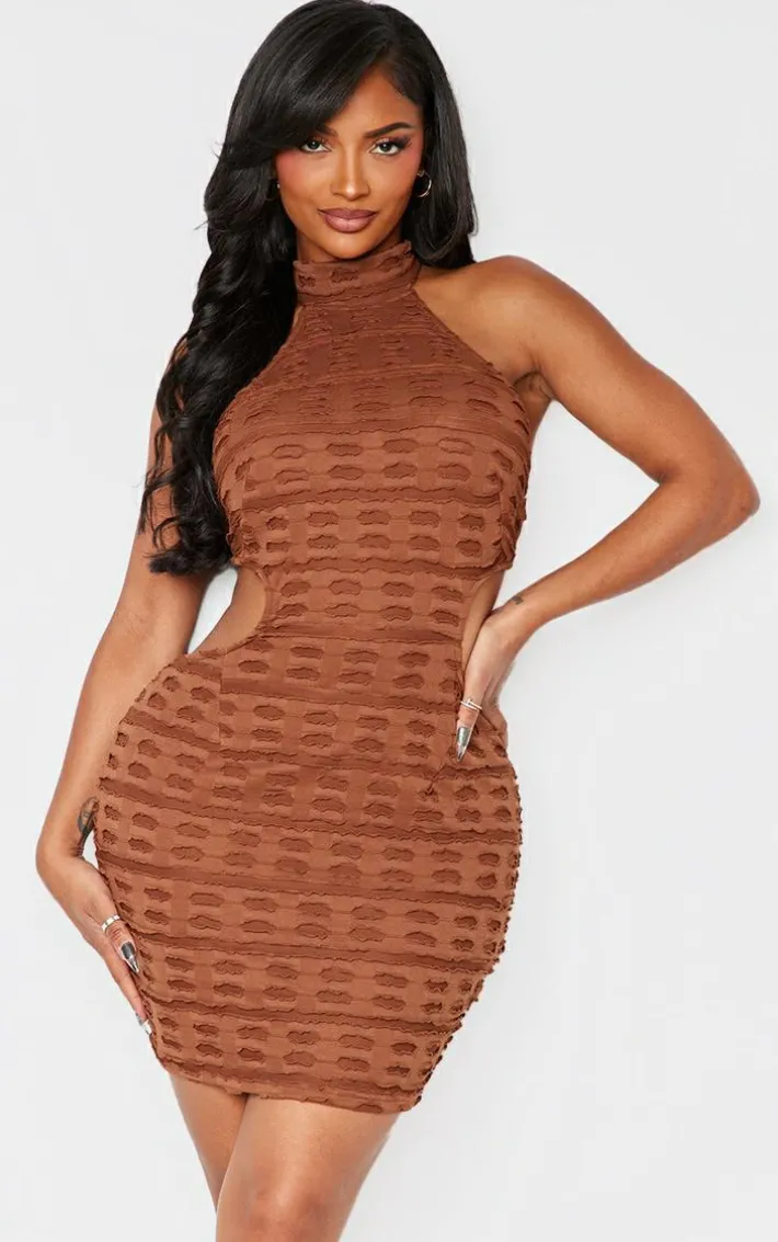 Shape Brown Textured High Neck Backless Bodycon Dress