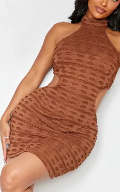 Shape Brown Textured High Neck Backless Bodycon Dress