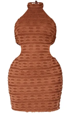 Shape Brown Textured High Neck Backless Bodycon Dress