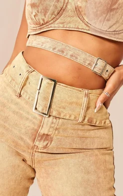 Shape Brown Washed Denim Belted Straight Leg Jeans