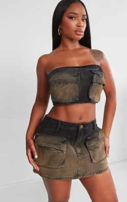 Shape Brown Washed Denim Pocket Detail Bandeau Crop Top