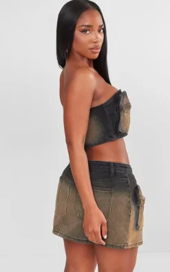 Shape Brown Washed Denim Pocket Detail Bandeau Crop Top