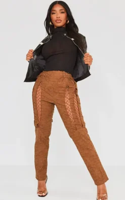 Shape Brown Washed Faux Leather Lace Detail Pants