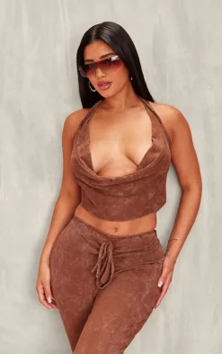 Shape Brown Washed Ribbed Halterneck Cowl Crop Top