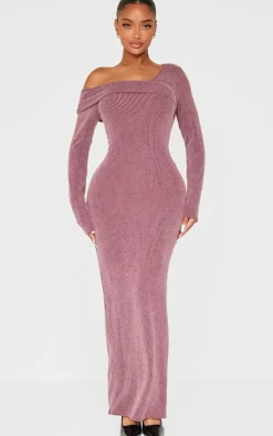 Shape Burgundy Brushed Rib Fold Over Off Shoulder Long Sleeve Maxi Dress