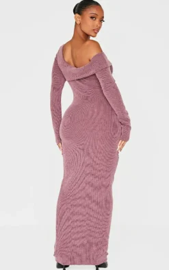 Shape Burgundy Brushed Rib Fold Over Off Shoulder Long Sleeve Maxi Dress