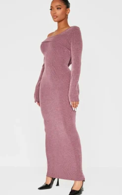 Shape Burgundy Brushed Rib Fold Over Off Shoulder Long Sleeve Maxi Dress