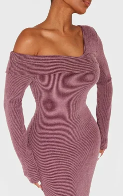 Shape Burgundy Brushed Rib Fold Over Off Shoulder Long Sleeve Maxi Dress
