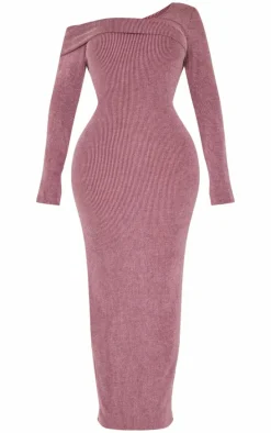 Shape Burgundy Brushed Rib Fold Over Off Shoulder Long Sleeve Maxi Dress