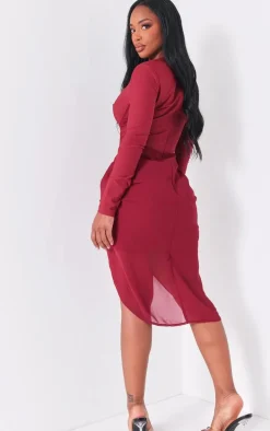 Shape Burgundy Corset Long Sleeve Ruched Midi Dress