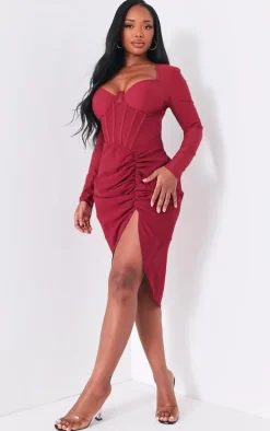 Shape Burgundy Corset Long Sleeve Ruched Midi Dress