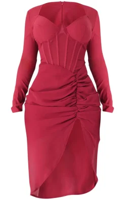 Shape Burgundy Corset Long Sleeve Ruched Midi Dress