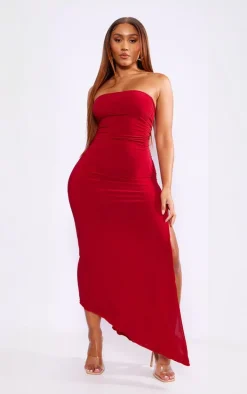 Shape Burgundy Slinky Bandeau Ruched Side Frill Hem Midaxi Dress