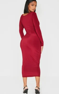 Shape Burgundy Slinky Panelled Long Sleeve Midi Dress