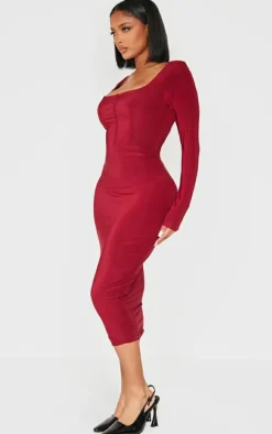Shape Burgundy Slinky Panelled Long Sleeve Midi Dress