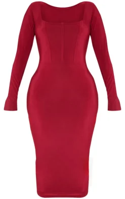 Shape Burgundy Slinky Panelled Long Sleeve Midi Dress