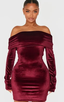 Shape Burgundy Velour Bardot Fold Over Long Sleeve Mini Dress