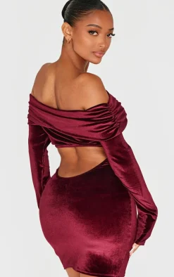 Shape Burgundy Velour Bardot Fold Over Long Sleeve Mini Dress