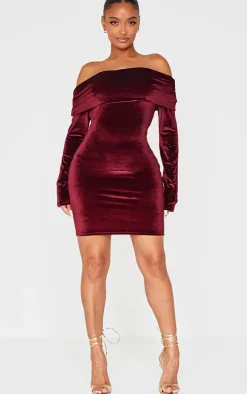 Shape Burgundy Velour Bardot Fold Over Long Sleeve Mini Dress