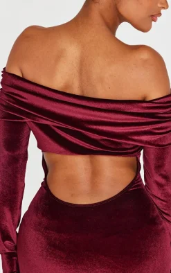 Shape Burgundy Velour Bardot Fold Over Long Sleeve Mini Dress