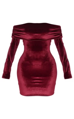 Shape Burgundy Velour Bardot Fold Over Long Sleeve Mini Dress