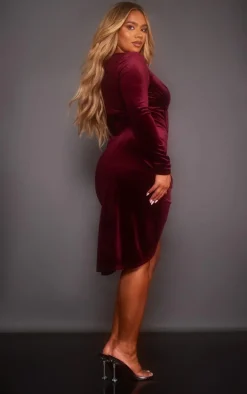 Shape Burgundy Velvet Corset Detail Long Sleeve Ruched Midi Dress