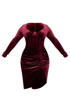 Shape Burgundy Velvet Corset Detail Long Sleeve Ruched Midi Dress