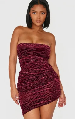 Shape Burgundy Zebra Devore Bandeau Ruched Side Mini Dress