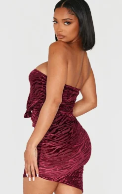 Shape Burgundy Zebra Devore Bandeau Ruched Side Mini Dress