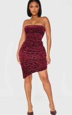 Shape Burgundy Zebra Devore Bandeau Ruched Side Mini Dress
