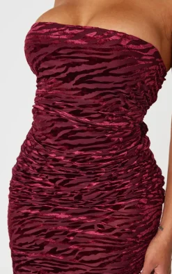 Shape Burgundy Zebra Devore Bandeau Ruched Side Mini Dress