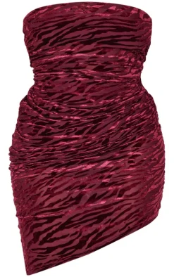 Shape Burgundy Zebra Devore Bandeau Ruched Side Mini Dress