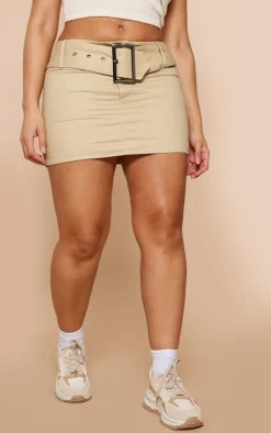 Shape Camel Twill Buckle Front Micro Mini Skirt