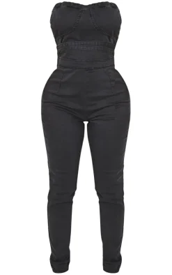 Shape Charcoal Acid Wash Cup Detail Tie Back Denim Jumpsuit