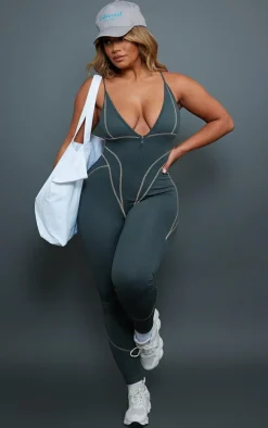 Shape Charcoal Branded Contrast Stitch Zip Detail Gym Jumpsuit